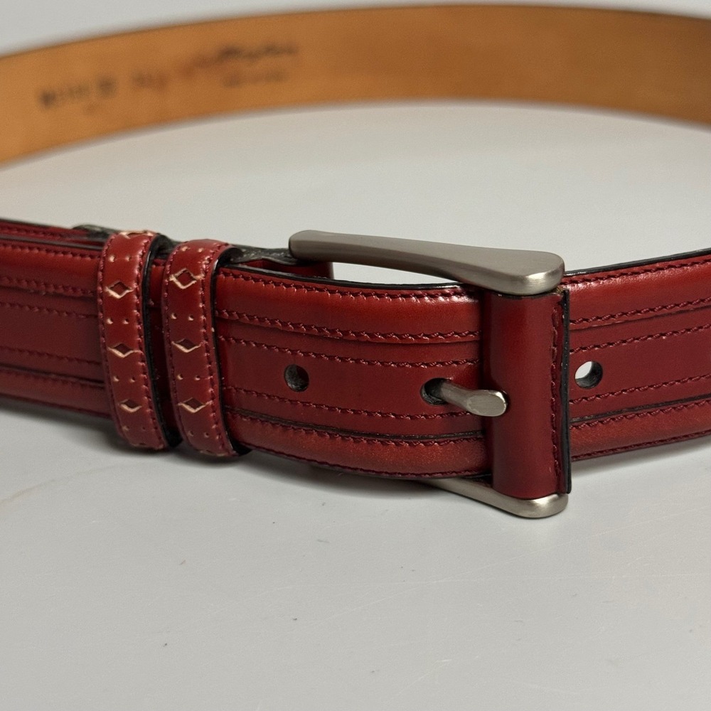 Mezlan Mens Burgundy Perforated Leather Belt Size 34 Made in Spain Brogue Red